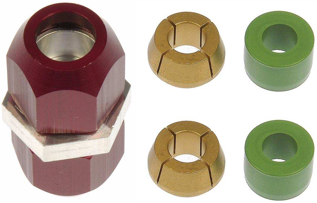 Dorman 800-641 Coupler Fitting OE Solutions ™ 3/8 Inch Compression Straight With Seal Without Jam Nut Aluminum Red Fitting/ Gold Ferrule/ Green Seal Single Carded Replaces General Motors OE Number 19194701