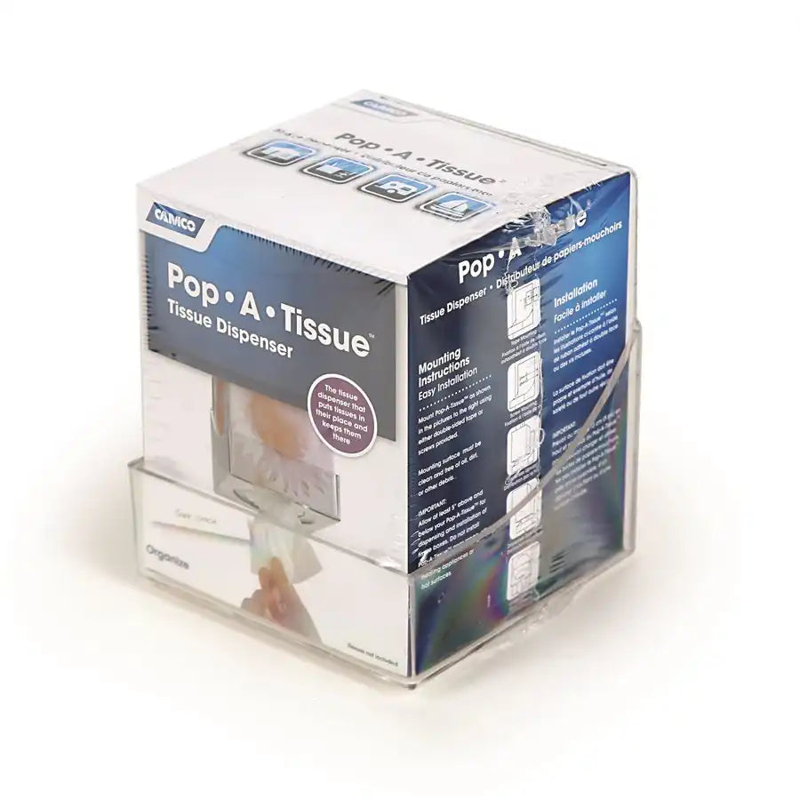 Camco 57101 Facial Tissue Holder Pop-A-Tissue Holds Most Boutique Size Tissue Brands Under Cabinet Screw In Mount Clear