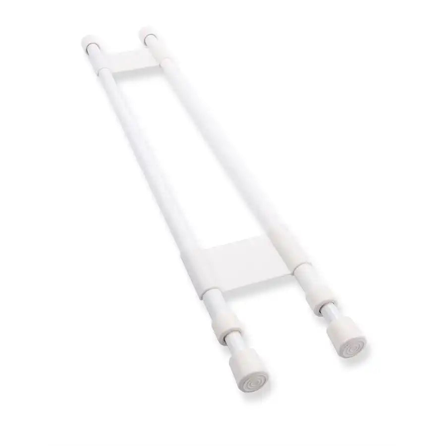 Camco 44074 Refrigerator Content Brace Spring Loaded Bar Style Bar Extends From 19 Inch Length to 34 Inch Length White Plastic Double Bar