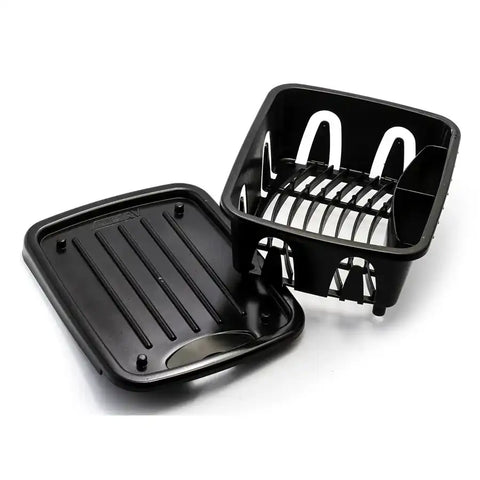 Camco 43512 Dish Drainer Fits In RV Sink With Drainer Tray That Fits as Lid for Storage Black Plastic