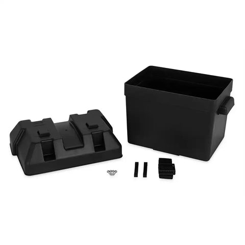 Camco 55362 Battery Box Fits Group 24 Batteries Includes Tie Down Strap/Securing Brackets/Hardware Black Polypropylene