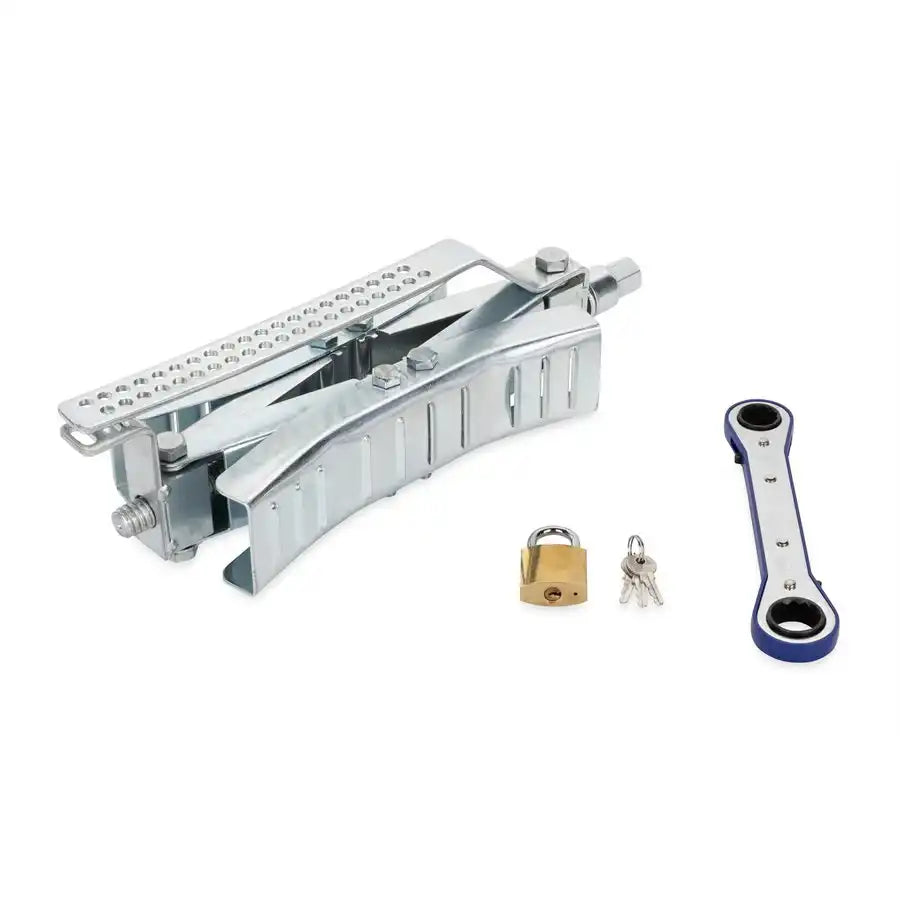 Camco 44662 Wheel Chock For Use With Tandem Tires Spacing of 3 to 10 Inches With Ratchet Wrench Locking