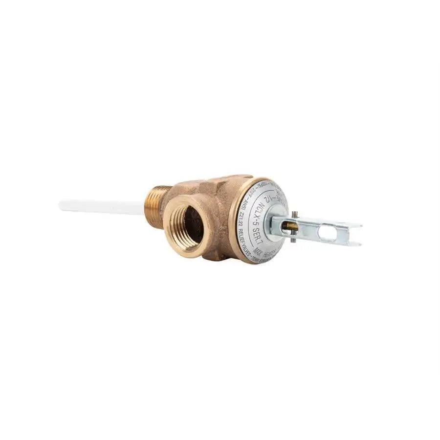 Camco 10421 Water Heater Pressure Relief Valve Pressure Relief Factory Set At 150 PSI 1/2 Inch NPT Thread Valve 4 Inch Probe Length