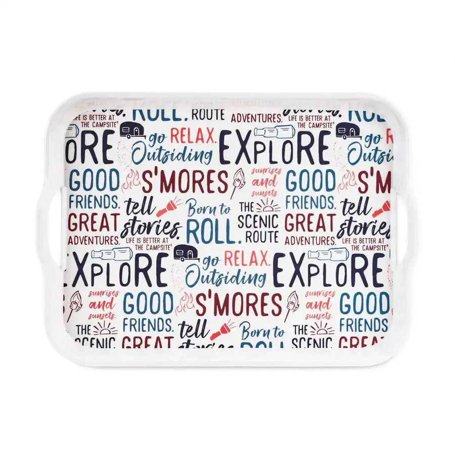 Camco 53486 Serving Tray Life Is Better At The Campsite ™ Rectangular 17-5/8 Inch Length x 12-3/4 Inch Width x 1-7/8 Inch Depth Graffiti Camping Design