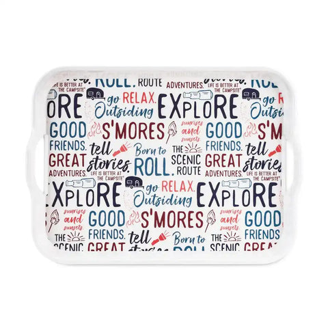 Camco 53486 Serving Tray Life Is Better At The Campsite ™ Rectangular 17-5/8 Inch Length x 12-3/4 Inch Width x 1-7/8 Inch Depth Graffiti Camping Design