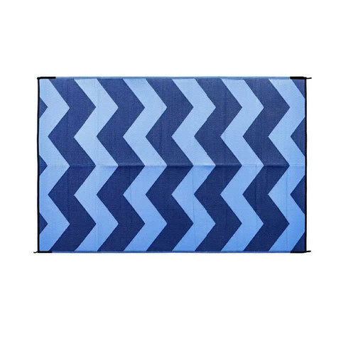 Camco 42878 Patio Mat 9 Foot x 6 Foot Blue Chevron Design UV Resistant Material With Corner Loops