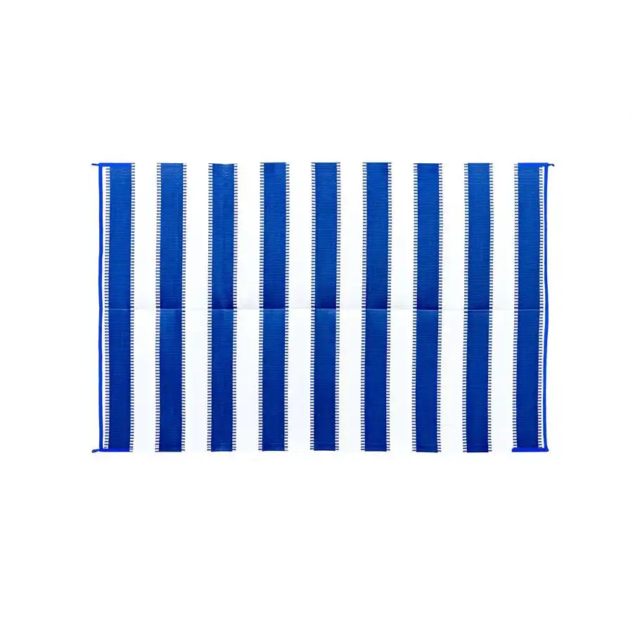 Camco 42871 Patio Mat 9 Foot x 6 Foot Blue Stripe Mold and Mildew Resistant Material Reversible Fabric