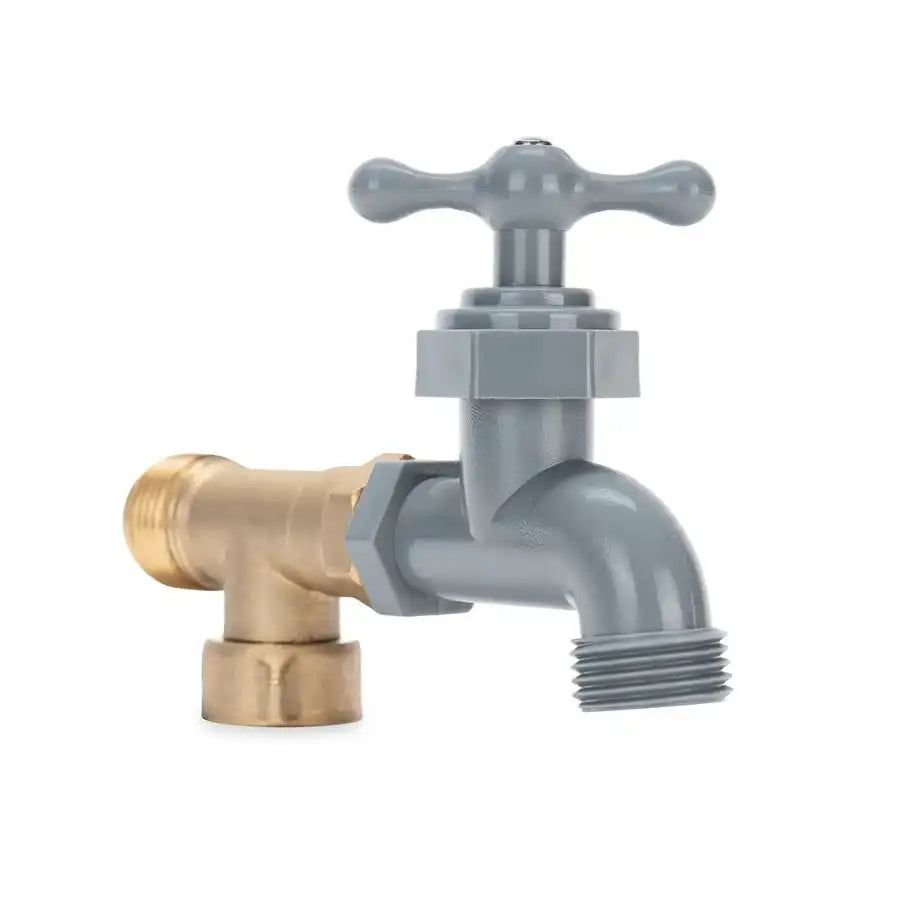 Camco 22463 Fresh Water Hose Connector T-Connector With Faucet Fits Standard Garden Hose Female Coupling Brass Without Shut Off Valve
