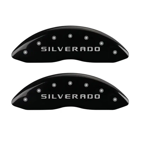 MGP Front set 2 Caliper Covers Engraved Front Silverado Black finish silver ch