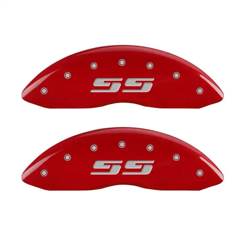MGP Front set 2 Caliper Covers Engraved Front Silverado style/SS Red finish silver ch