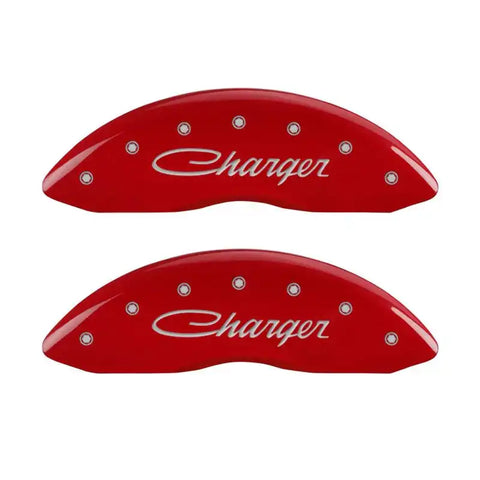MGP 4 Caliper Covers Engraved Front & Rear Cursive/Charger Red finish silver ch