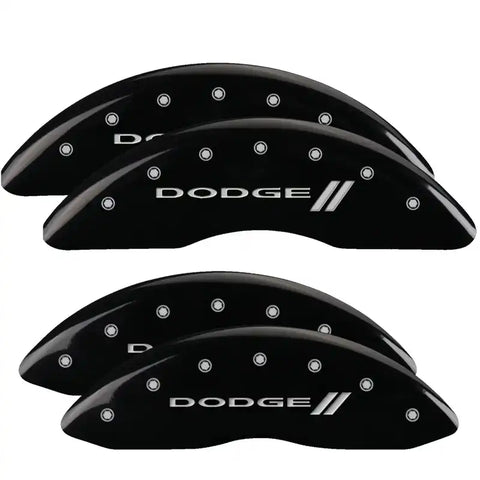 MGP 4 Caliper Covers Engraved Front & Rear With stripes/Dodge Black finish silver ch