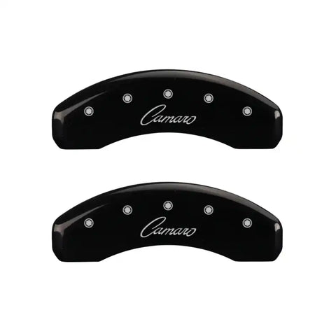 MGP 4 Caliper Covers Engraved Front & Rear Cursive/Camaro Black finish silver ch