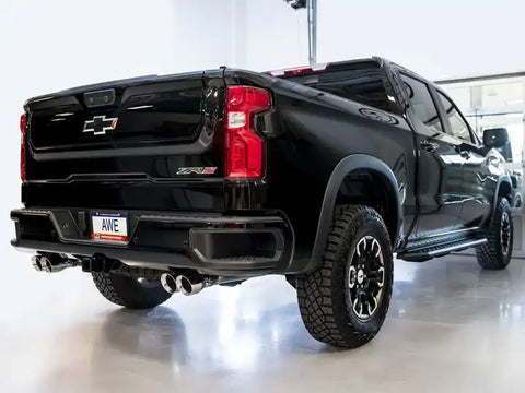 AWE Tuning 22-23 GMC Sierra 1500 AT4X 6.2L 0FG Catback Split Dual (Flat Bumper) - Chrome Silver Tips