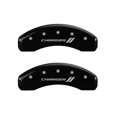 MGP 4 Caliper Covers Engraved Front & Rear With stripes/Charger Black finish silver ch