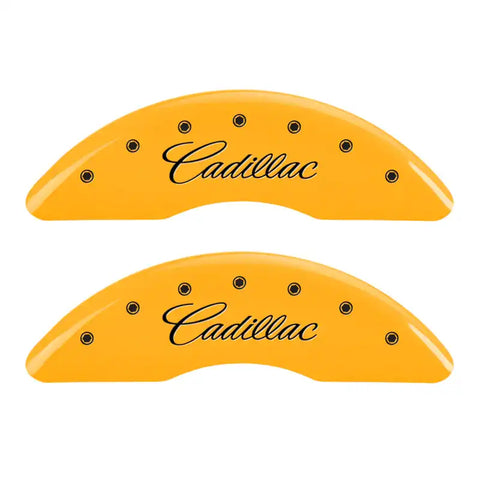 MGP 4 Caliper Covers Engraved Front & Rear Cursive/Cadillac Yellow finish black ch