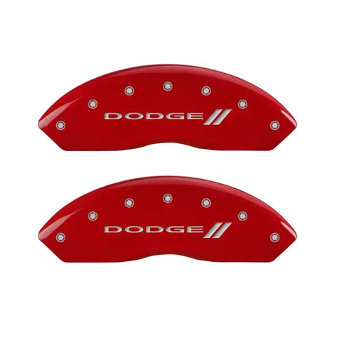 MGP 4 Caliper Covers Engraved Front & Rear With stripes/Dodge Red finish silver ch
