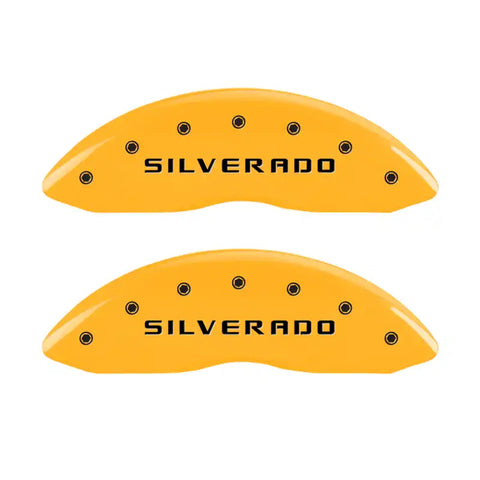 MGP Front set 2 Caliper Covers Engraved Front Silverado Yellow finish black ch