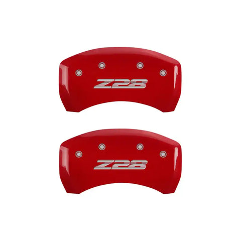 MGP 4 Caliper Covers Engraved Front Gen 4/Camaro Engraved Rear Gen 4/Z28 Red finish silver ch