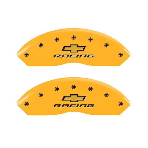 MGP 4 Caliper Covers Engraved Front & Rear Chevy Racing Yellow Power Coat Finish Black Characters