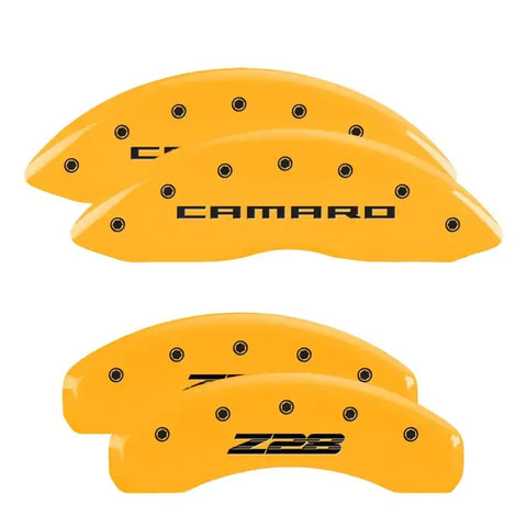 MGP 4 Caliper Covers Engraved Front Gen 5/Camaro Engraved Rear Gen 5/Z28 Yellow finish black ch